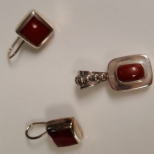 Red carnelian earrings with pendant.  925 silver. Pierced earrings.